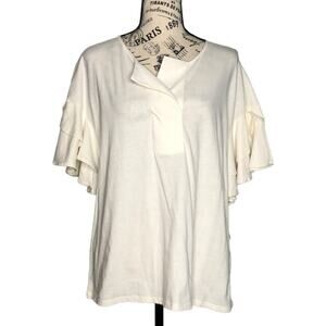 Worthington (M) Ruffle Short Bell Sleeve Split V Neck Blouse Tee Top Placket